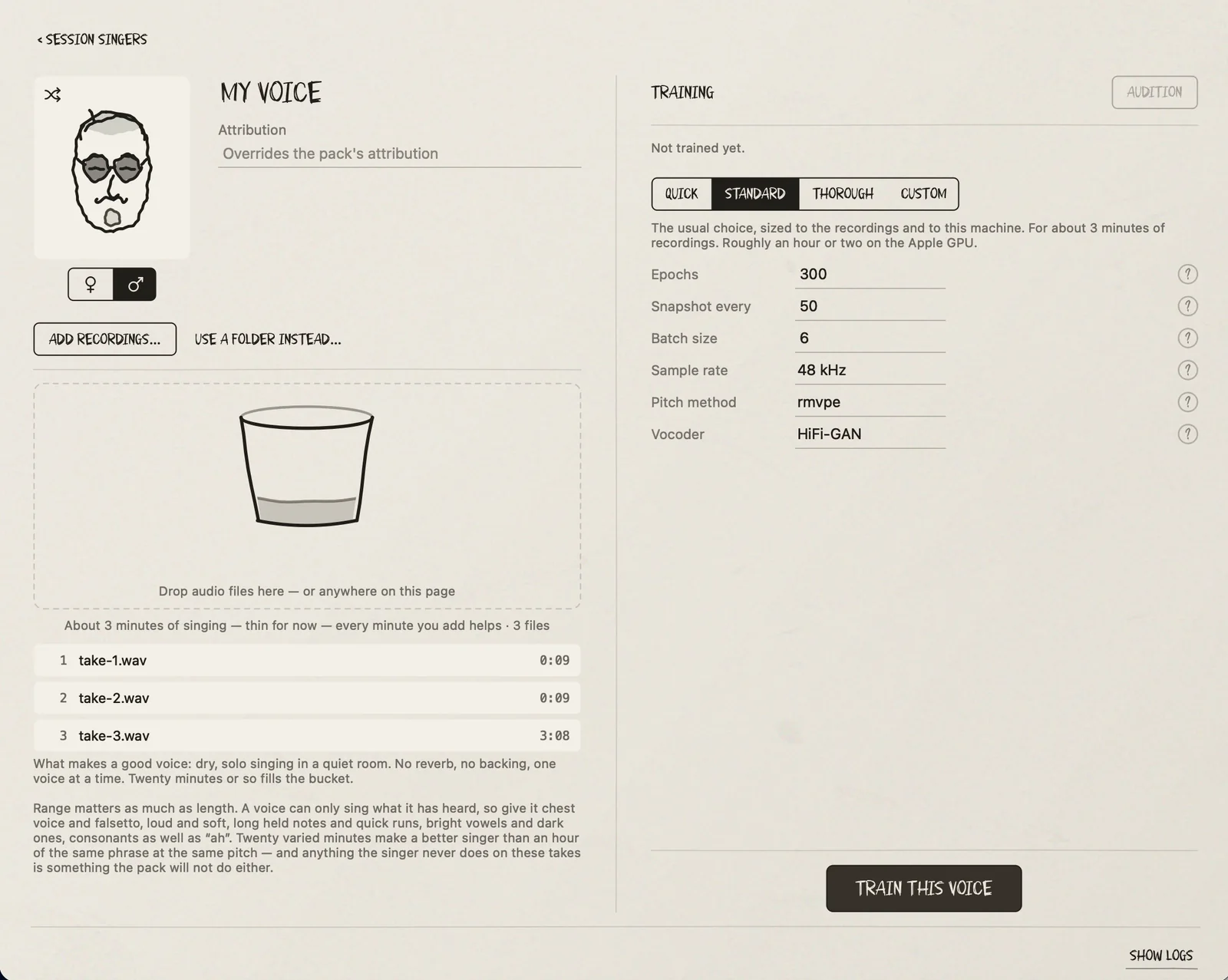 The pack maker, on one singer’s page: a face and a name on the left above a bucket for recordings and three takes listed under it, and the training settings on the right - quick, standard, thorough or custom - above the train button.